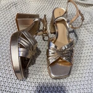 Reformation Maize Platform Heeled Sandals Gold Metallic Block Heel Womens 6